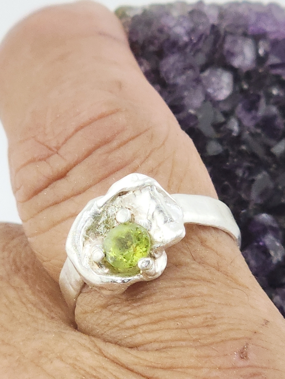 PERIDOT CRYSTAL ORGANIC RING HANDMADE IN STERLING SILVER SIZE 7 - Picture 5 of 13